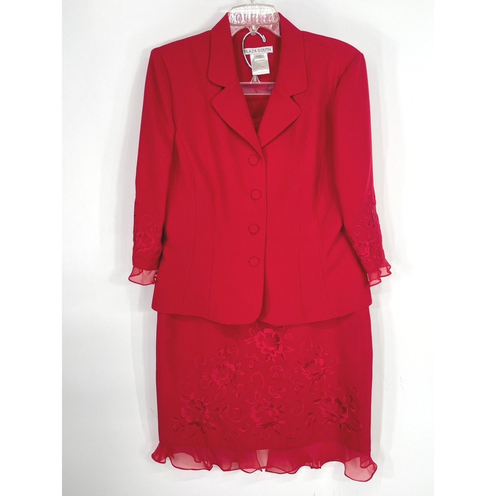 Plaza South Womens Skirt Suit 12 2pc Red Embroidered Chiffon Trim Holiday